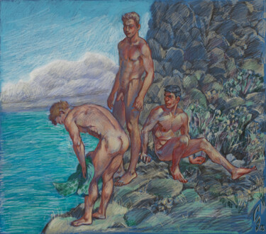 Zeichnungen mit dem Titel "Rocks over the sea" von Sergey Sovkov, Original-Kunstwerk, Conté-Buntstifte