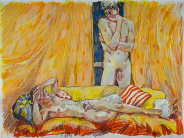 Desenho intitulada "Yellow curtains" por Sergey Sovkov, Obras de arte originais, Aquarela