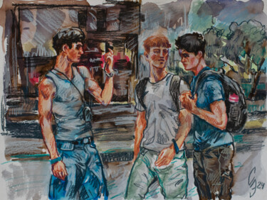 Drawing titled "City boys on a walk" by Sergey Sovkov, Original Artwork, Watercolor