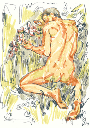 Drawing titled "Gardener" by Sergey Sovkov, Original Artwork, Watercolor