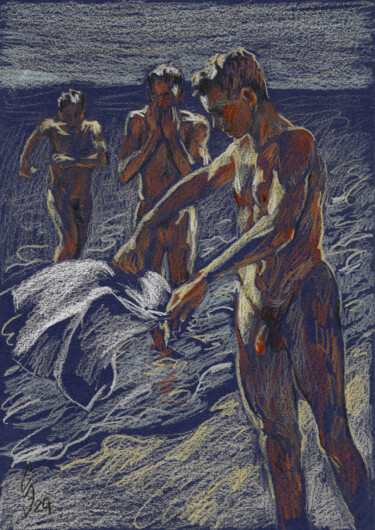 Disegno intitolato "Night swimming on t…" da Sergey Sovkov, Opera d'arte originale, Matite colorate
