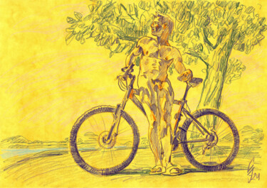 Drawing titled "Cyclist in nature" by Sergey Sovkov, Original Artwork, Conté