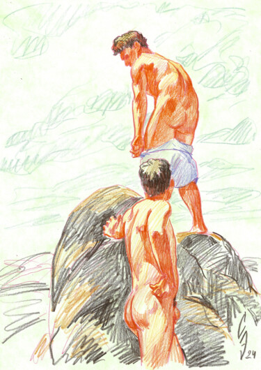 Dessin intitulée "On a big stone" par Sergey Sovkov, Œuvre d'art originale, Conté