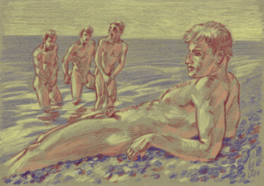 Drawing titled "On the beach withou…" by Sergey Sovkov, Original Artwork, Conté