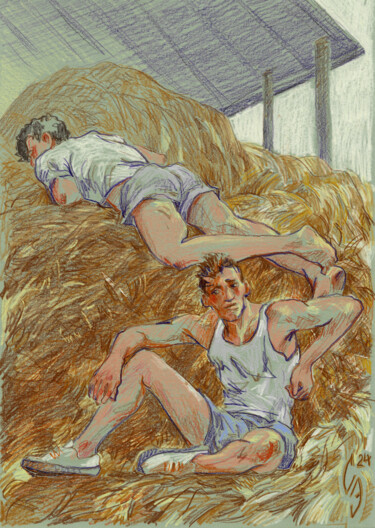 Zeichnungen mit dem Titel "In the hayloft" von Sergey Sovkov, Original-Kunstwerk, Conté-Buntstifte