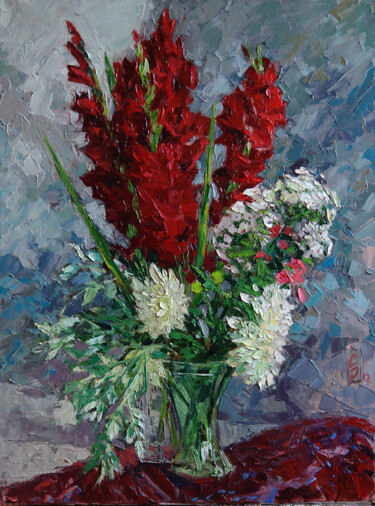 Painting titled "Gladioli, Dahlias a…" by Sergey Sovkov, Original Artwork, Oil