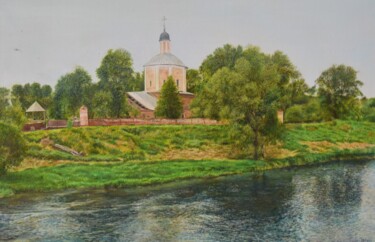 Pintura intitulada "CHURCH BY THE RIVER" por Sergey Suslov, Obras de arte originais, Óleo Montado em Armação em madeira