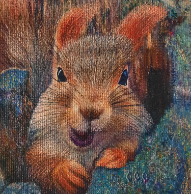 Peinture intitulée "Squirrel" in a frame" par Sergey Suslov, Œuvre d'art originale, Huile Monté sur Carton