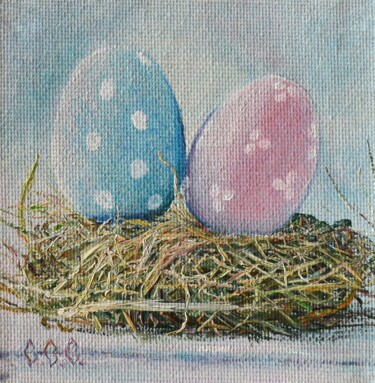 「Eggs in the nest, E…」というタイトルの絵画 Sergey Suslovによって, オリジナルのアートワーク, オイル 段ボールにマウント