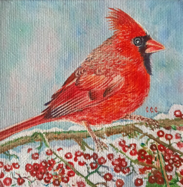 Pittura intitolato "Cardinal with rowan…" da Sergey Suslov, Opera d'arte originale, Olio Montato su Cartone