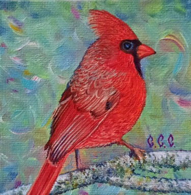 Painting titled "Red cardinal" in a…" by Sergey Suslov, Original Artwork, Oil Mounted on Cardboard