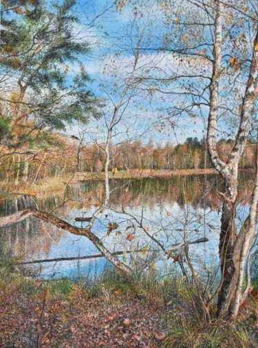 Pintura intitulada "Lake in autumn" por Sergey Suslov, Obras de arte originais, Óleo