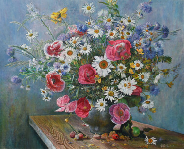 Pintura titulada "Bouquet of wildflow…" por Sergey Suslov, Obra de arte original, Oleo Montado en Bastidor de camilla de mad…