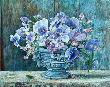 Painting titled "Pansies in a vase" by Sergey Suslov, Original Artwork, Oil Mounted on Wood Stretcher frame