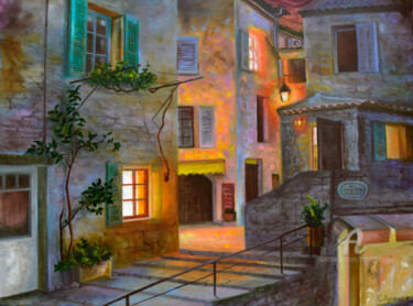 「Evening Lights」というタイトルの絵画 Sergey Lutsenkoによって, オリジナルのアートワーク, オイル ウッドストレッチャーフレームにマウント