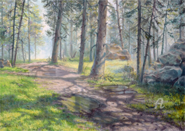 Painting titled "Morning Forest" by Sergey Lutsenko, Original Artwork, Oil
