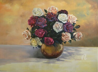 Peinture intitulée "Roses" par Sergey Lutsenko, Œuvre d'art originale, Huile Monté sur Châssis en bois