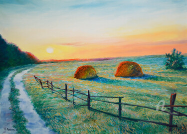 Pintura titulada "Haystacks at sunset" por Sergey Lutsenko, Obra de arte original, Oleo