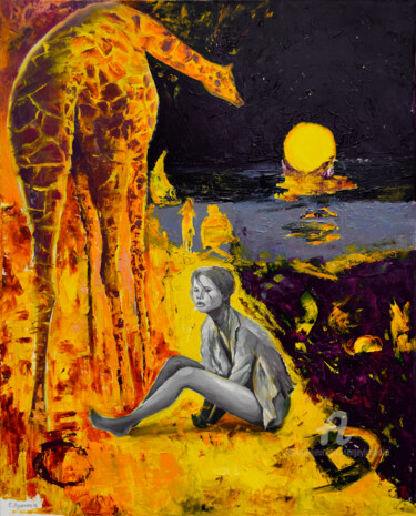 Ζωγραφική με τίτλο "The giraffe and the…" από Sergey Lutsenko, Αυθεντικά έργα τέχνης, Λάδι Τοποθετήθηκε στο Ξύλινο φορείο σκ…