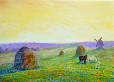 Painting titled "Haystacks" by Sergey Lutsenko, Original Artwork, Oil Mounted on Wood Stretcher frame