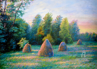 Painting titled "Haystacks in late s…" by Sergey Lutsenko, Original Artwork, Oil Mounted on Wood Stretcher frame