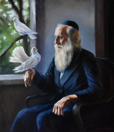 Painting titled "Joseph the birdman" by Serghei Ghetiu, Original Artwork, Oil Mounted on Wood Stretcher frame