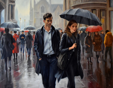 Painting titled "Dating in  the rain" by Serghei Ghetiu, Original Artwork, Oil Mounted on Wood Stretcher frame