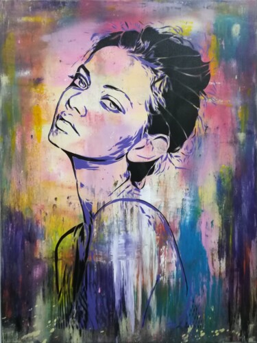 Painting titled "Mysterious look" by Sérgio Clemente, Original Artwork, Stencil Mounted on Wood Stretcher frame