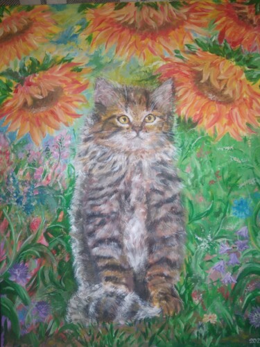 Peinture intitulée "Кот в подсолнухах" par Sergiy Tsymbalov, Œuvre d'art originale, Acrylique
