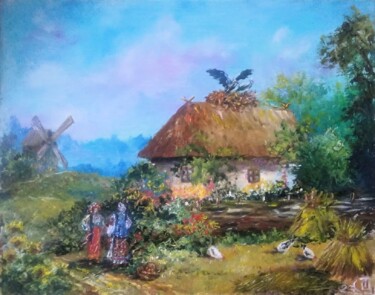 「Tableau "Village Uk…」というタイトルの絵画 Sergiy Tsymbalovによって, オリジナルのアートワーク, オイル
