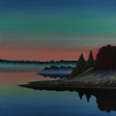 Schilderij getiteld "Misty Lake" door Serguei Borodouline, Origineel Kunstwerk, Olie