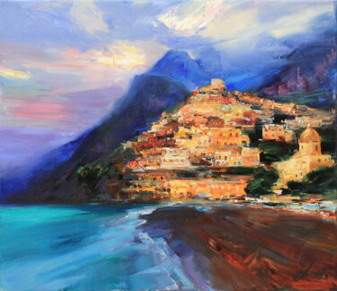 Schilderij getiteld "Amalfi Coast" door Serhii Cherniakovskyi, Origineel Kunstwerk, Olie Gemonteerd op Frame voor houten bra…