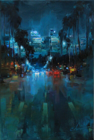 Painting titled "Streets of Los Ange…" by Serhii Cherniakovskyi, Original Artwork, Oil Mounted on Wood Stretcher frame