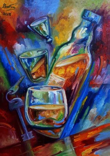 Pittura intitolato "Evening drinks" da Serhii Voichenko, Opera d'arte originale, Olio