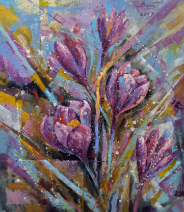 Painting titled "Crocuses in March" by Serhii Voichenko, Original Artwork, Oil