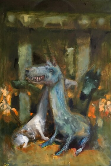 Painting titled "hound archway" by Sergii Shkoliar, Original Artwork, Oil Mounted on Wood Stretcher frame