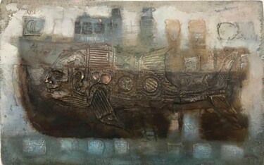 Painting titled ""Great Fish"" by Sergii Shkoliar, Original Artwork, Oil Mounted on Wood Panel
