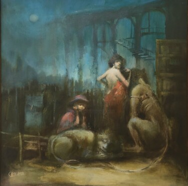 Painting titled "Fool Moon" by Sergii Shkoliar, Original Artwork, Oil Mounted on Wood Stretcher frame