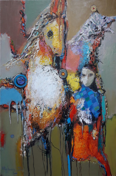 Painting titled "Girl with horse (50…" by Serkhach, Original Artwork, Oil Mounted on Wood Stretcher frame