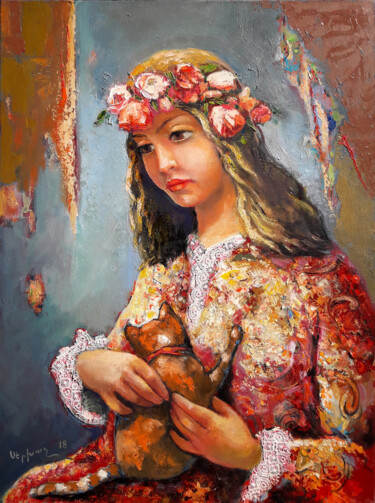 Pintura intitulada "Girl with cat(80x60…" por Serkhach, Obras de arte originais, Óleo Montado em Armação em madeira