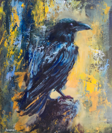 Painting titled "Raven Crow Art Pain…" by Valerie Serova, Original Artwork, Oil