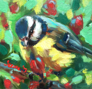 Malarstwo zatytułowany „Framed tit Bird pai…” autorstwa Valerie Serova, Oryginalna praca, Olej Zamontowany na Drewniana rama…