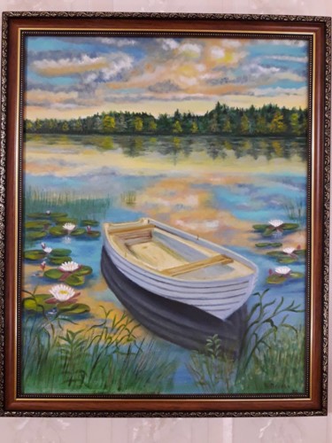 Malerei mit dem Titel "шлюпка на озере" von Tikhon Petrov, Original-Kunstwerk, Öl Auf Keilrahmen aus Holz montiert