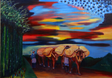 Картина под названием "Los arrieros" - Servelio Hernández Sierra, Подлинное произведение искусства, Масло