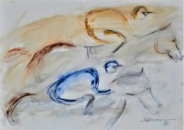 Zeichnungen mit dem Titel "Course de chevaux 1" von Servin, Original-Kunstwerk, Pastell