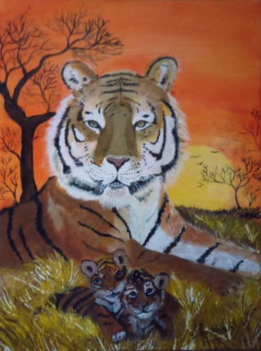 Pittura intitolato "tigre au couché de…" da Severine Delanoue, Opera d'arte originale, Acrilico