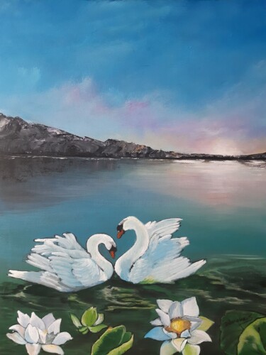 Malarstwo zatytułowany „Lac des cygnes” autorstwa Severine Delanoue, Oryginalna praca, Akryl Zamontowany na Drewniana rama n…
