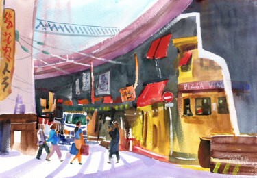 Schilderij getiteld "Little Stores under…" door Severn (Jie Cheng) Wang, Origineel Kunstwerk, Aquarel
