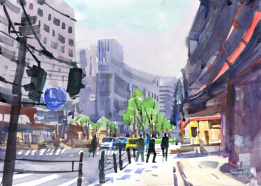 Painting titled "A city needs Life |…" by Severn (Jie Cheng) Wang, Original Artwork, Watercolor
