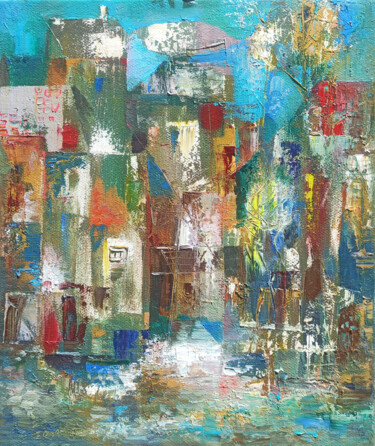 Painting titled "Colors of the City" by Seyran, Original Artwork, Oil Mounted on Wood Stretcher frame